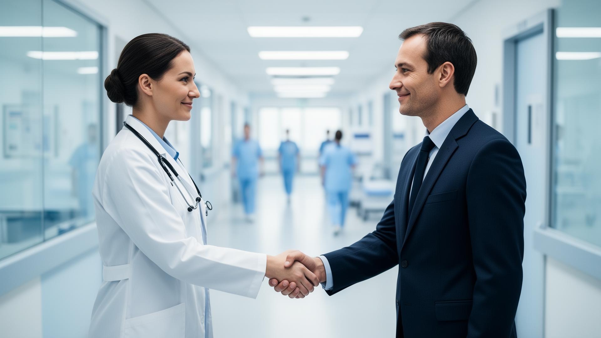 Corredor hospitalar moderno com profissionais de saúde